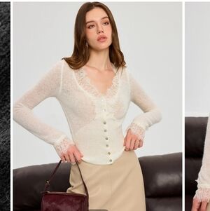 NWT: Wool Blend Lace V-Neck Button Knit Top